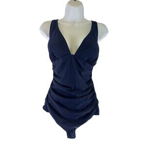 Tart Navy One Piece Swimsuit Ruched Deep V-Neck High Cut Wide Straps Medium